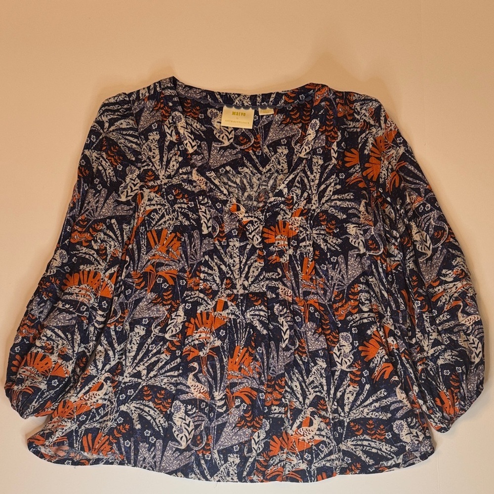 ANTHROPOLOGIE Maeve Cathy Pleated Blue Jungle Top - Picture 2 of 4